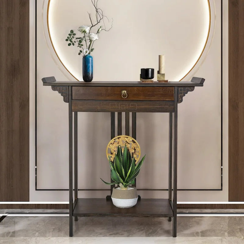 Gold Relief Dragon Totem Brown Console Table Entryway Table with Drawer and Bottom Shelf - 32.09x12.6x32.28