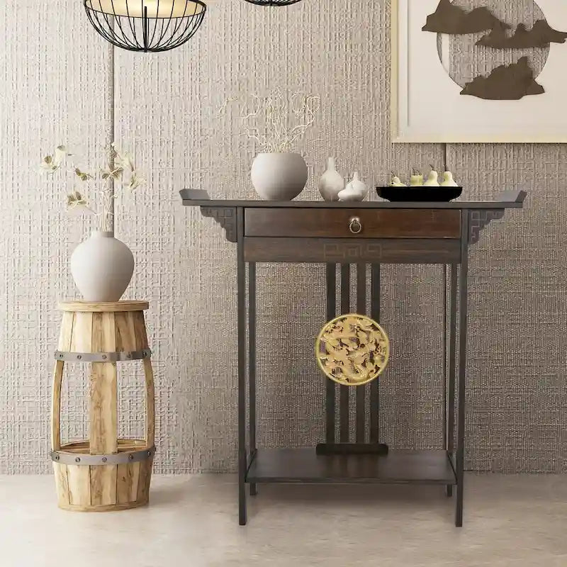Gold Relief Dragon Totem Brown Console Table Entryway Table with Drawer and Bottom Shelf - 32.09x12.6x32.28