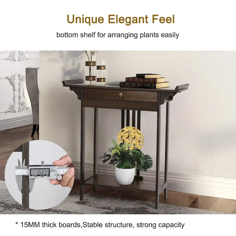 Gold Relief Dragon Totem Brown Console Table Entryway Table with Drawer and Bottom Shelf - 32.09x12.6x32.28
