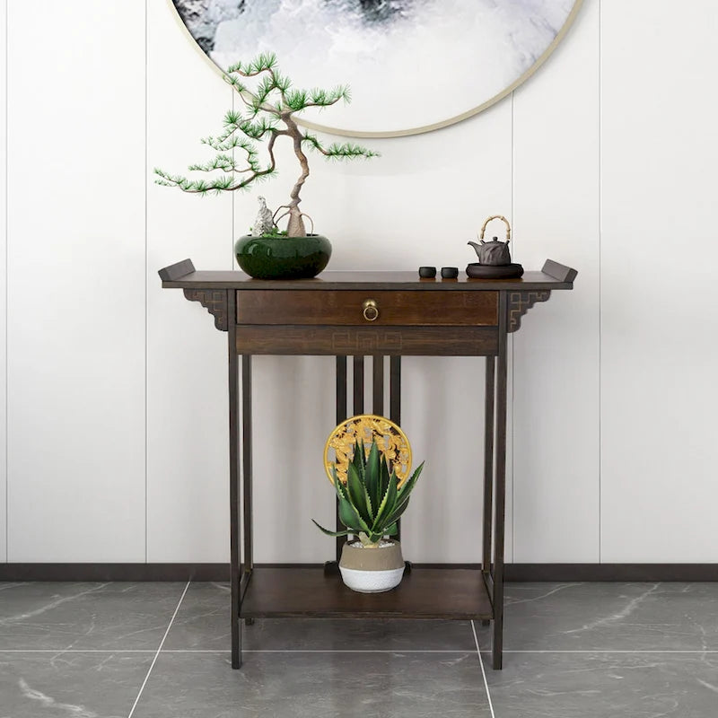 Gold Relief Dragon Totem Brown Console Table Entryway Table with Drawer and Bottom Shelf - 32.09x12.6x32.28