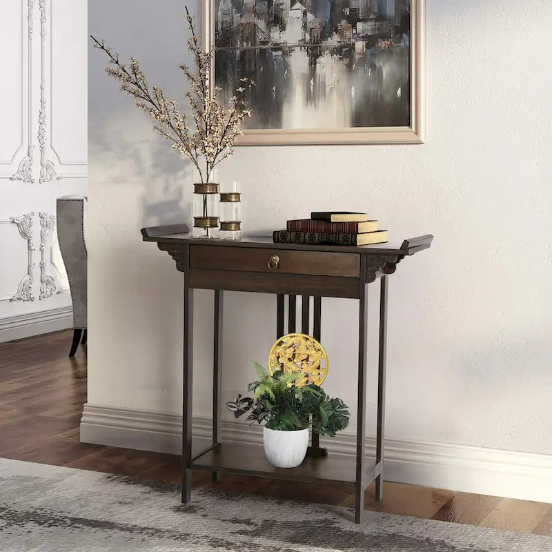 Gold Relief Dragon Totem Brown Console Table Entryway Table with Drawer and Bottom Shelf - 32.09x12.6x32.28