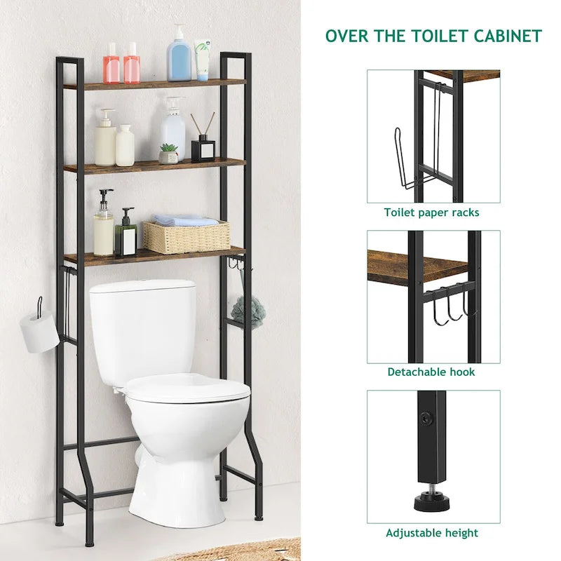 3 Tier Above Toilet Storage Rack for Bathroom with Metal Frame and Hooks