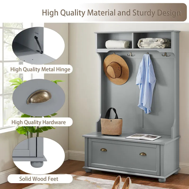 Coastal Style Hall Tree Entryway Bench with Shelves and Shoe Cabinets