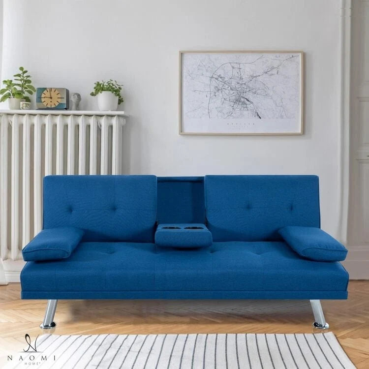 Futon Sofa with Armrest, Cupholders & Button Tufted Design
