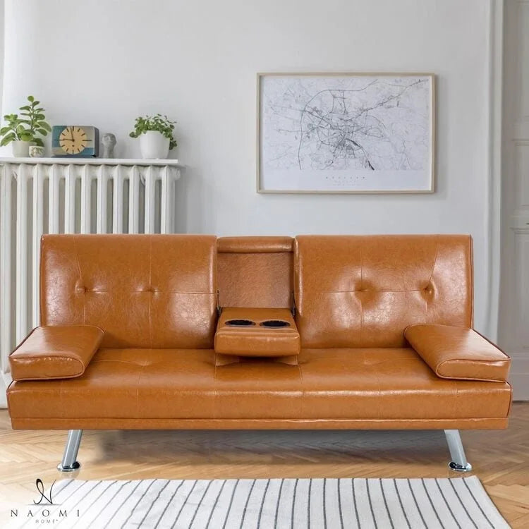 Futon Sofa with Armrest, Cupholders & Button Tufted Design