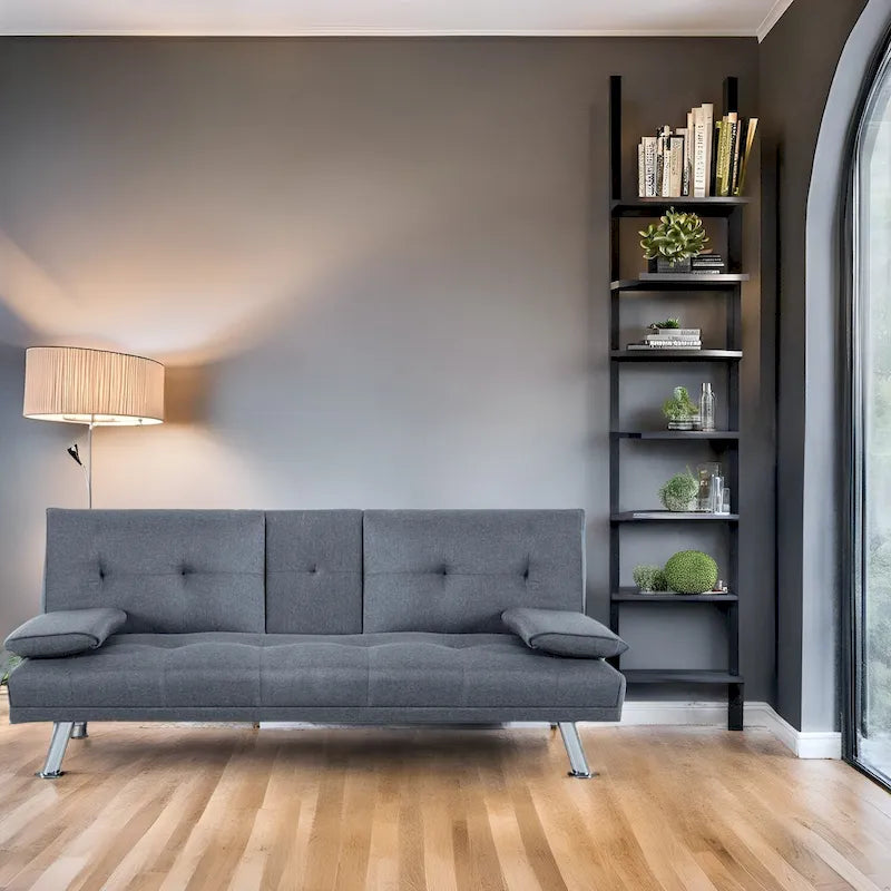 Futon Sofa with Armrest, Cupholders & Button Tufted Design