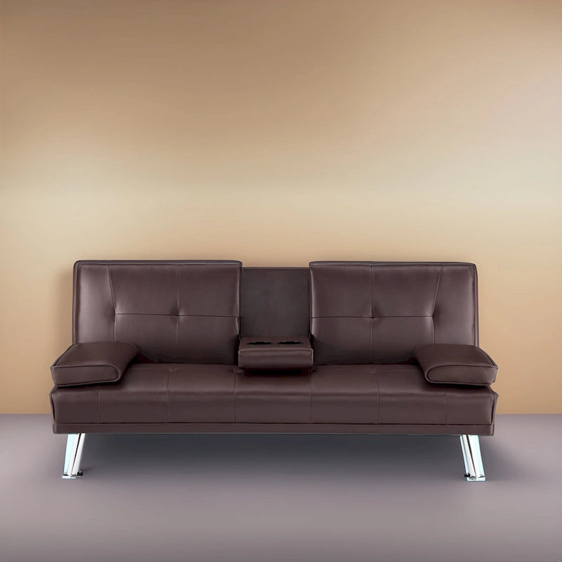 Futon Sofa with Armrest, Cupholders & Button Tufted Design