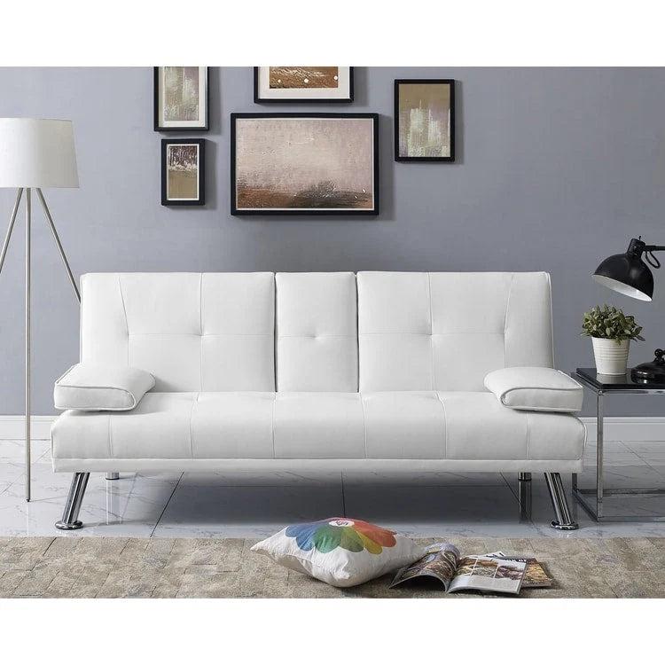 Futon Sofa with Armrest, Cupholders & Button Tufted Design