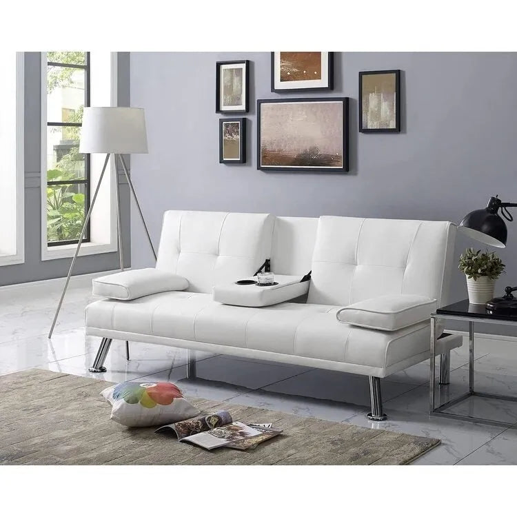 Futon Sofa with Armrest, Cupholders & Button Tufted Design