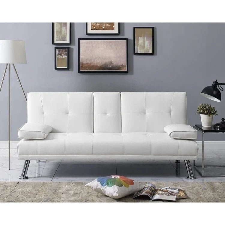 Futon Sofa with Armrest, Cupholders & Button Tufted Design