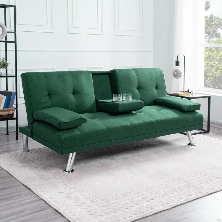 Futon Sofa with Armrest, Cupholders & Button Tufted Design