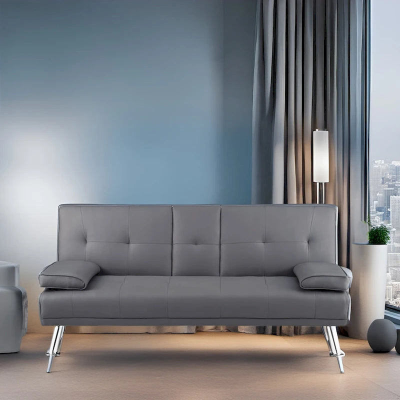 Futon Sofa with Armrest, Cupholders & Button Tufted Design