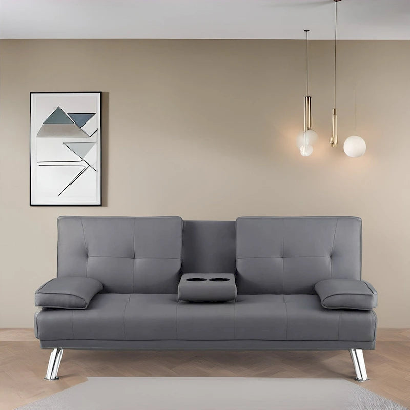Futon Sofa with Armrest, Cupholders & Button Tufted Design