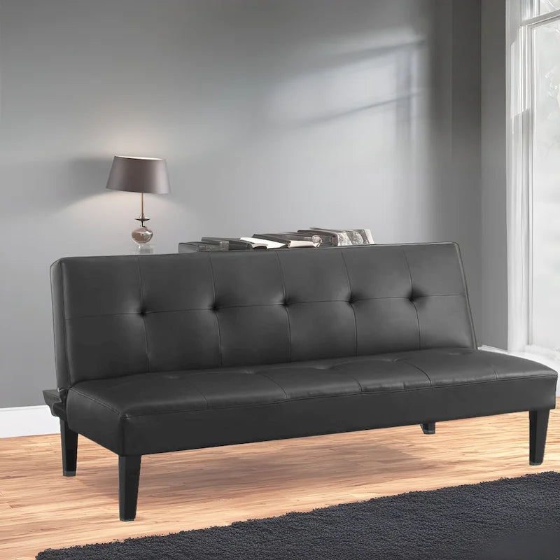 Futon Sofa with Armrest, Cupholders & Button Tufted Design