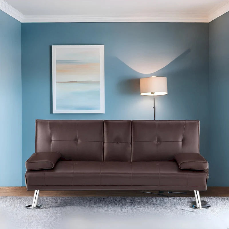 Futon Sofa with Armrest, Cupholders & Button Tufted Design
