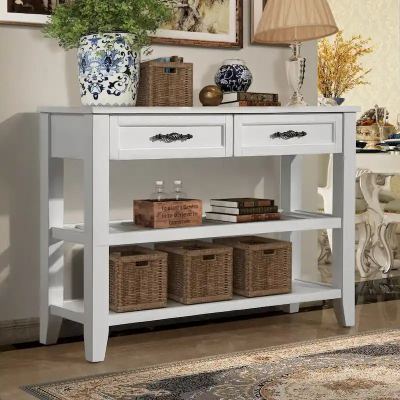 Mid-Century Style Console Sofa Table Solid Wood Buffet Sideboard with 2 Storage Drawers and 2 Tiers Shelves