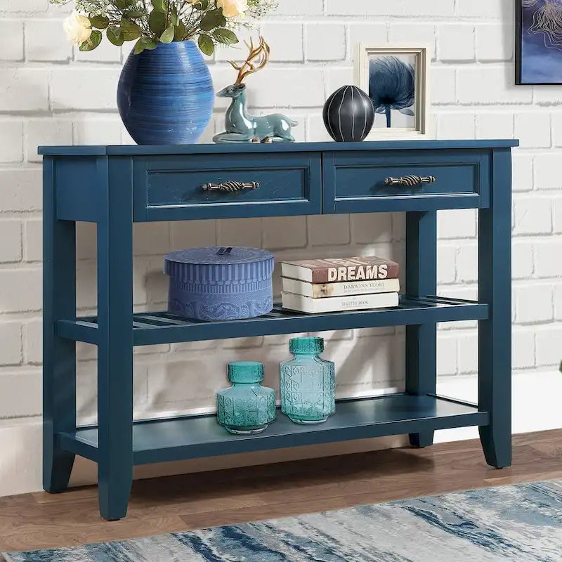 Mid-Century Style Console Sofa Table Solid Wood Buffet Sideboard with 2 Storage Drawers and 2 Tiers Shelves