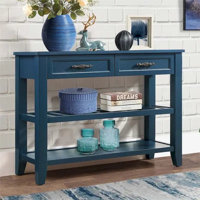 Mid-Century Style Console Sofa Table Solid Wood Buffet Sideboard with 2 Storage Drawers and 2 Tiers Shelves