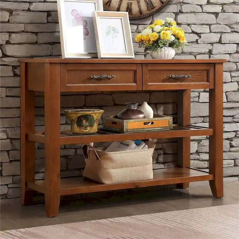 Mid-Century Style Console Sofa Table Solid Wood Buffet Sideboard with 2 Storage Drawers and 2 Tiers Shelves