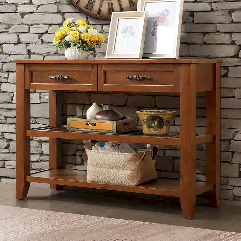 Mid-Century Style Console Sofa Table Solid Wood Buffet Sideboard with 2 Storage Drawers and 2 Tiers Shelves