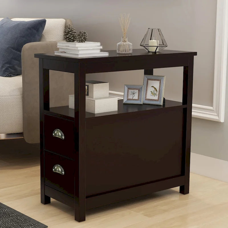 End Table Narrow Nightstand With Two Drawers And Open Shelf