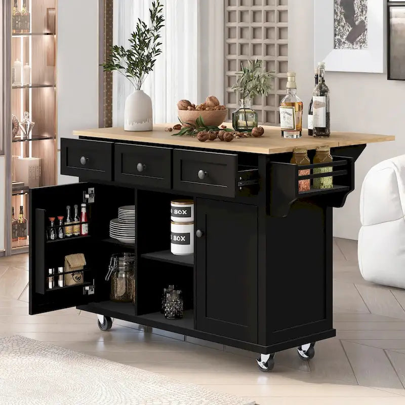 Kitchen Island Cart with Drop-Leaf Countertop and 3 Drawers