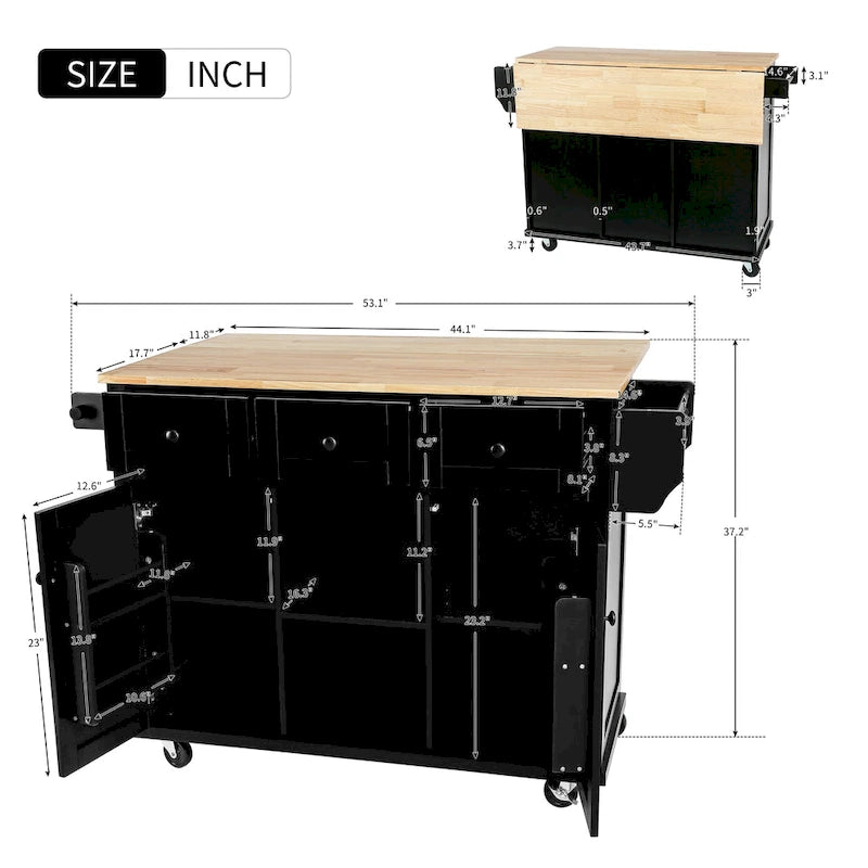 Kitchen Island Cart with Drop-Leaf Countertop and 3 Drawers