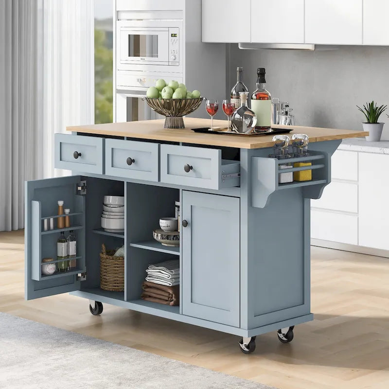 Kitchen Island Cart with Drop-Leaf Countertop and 3 Drawers