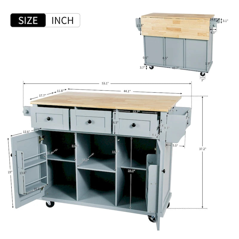 Kitchen Island Cart with Drop-Leaf Countertop and 3 Drawers