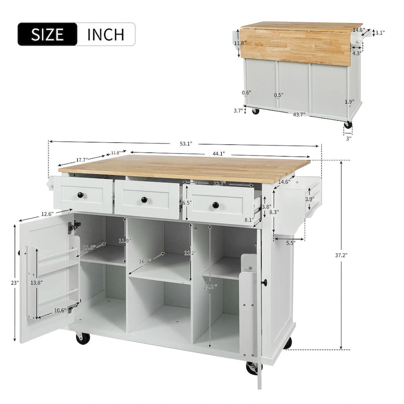 Kitchen Island Cart with Drop-Leaf Countertop and 3 Drawers