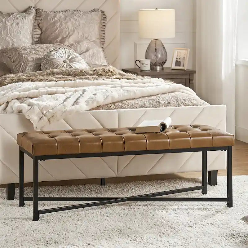 Modern 50.5" Genuine Leather Upholstered Bench with Metal Legs