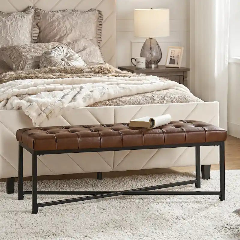 Modern 50.5" Genuine Leather Upholstered Bench with Metal Legs