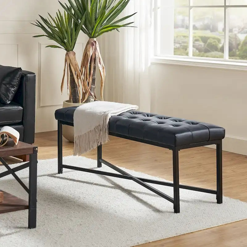 Modern 50.5" Genuine Leather Upholstered Bench with Metal Legs