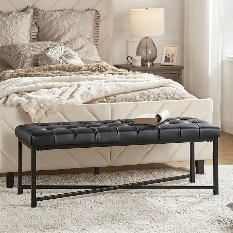 Modern 50.5" Genuine Leather Upholstered Bench with Metal Legs