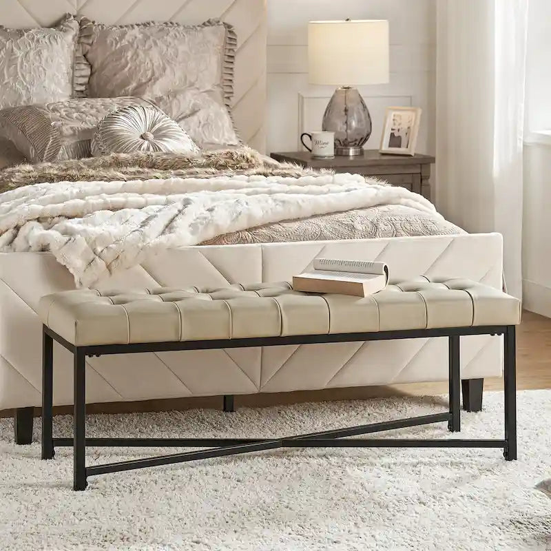 Modern 50.5" Genuine Leather Upholstered Bench with Metal Legs