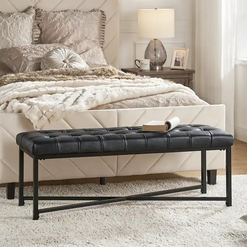 Modern 50.5" Genuine Leather Upholstered Bench with Metal Legs