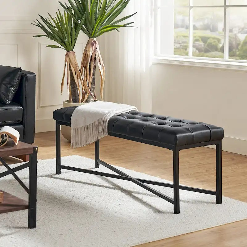 Modern 50.5" Genuine Leather Upholstered Bench with Metal Legs