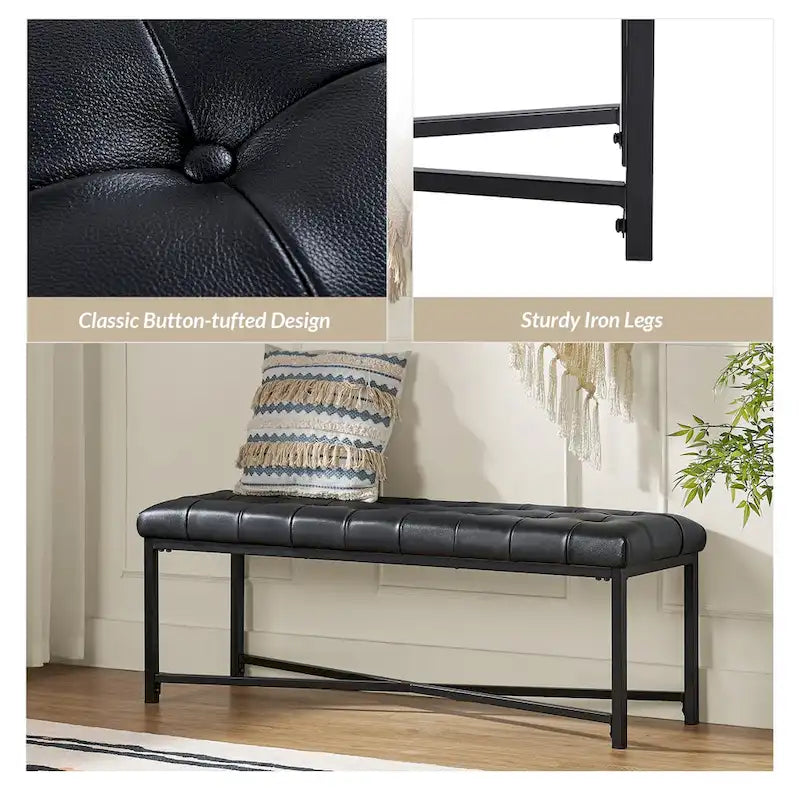 Modern 50.5" Genuine Leather Upholstered Bench with Metal Legs