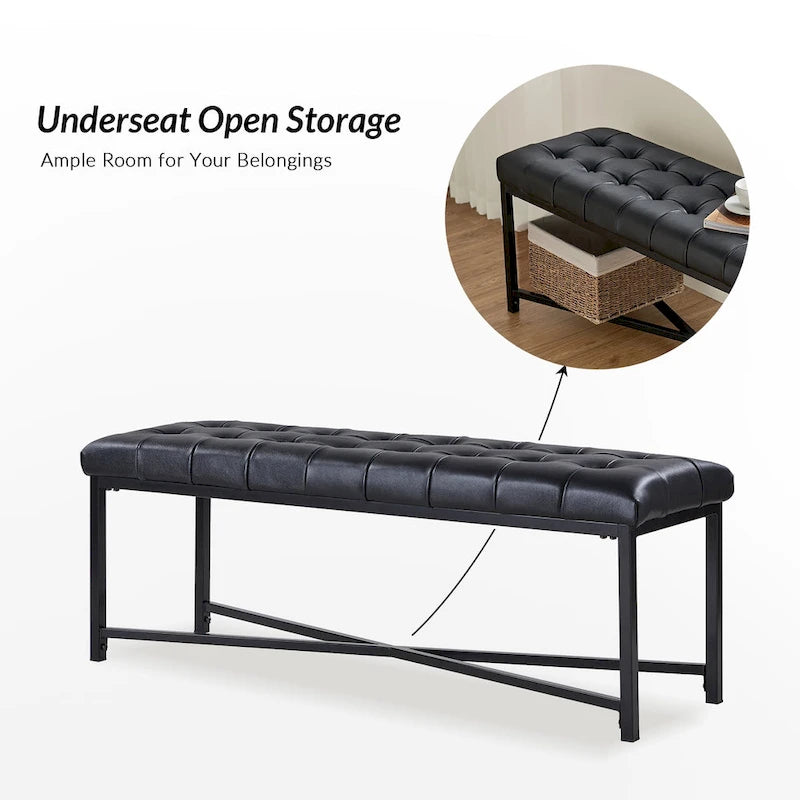 Modern 50.5" Genuine Leather Upholstered Bench with Metal Legs