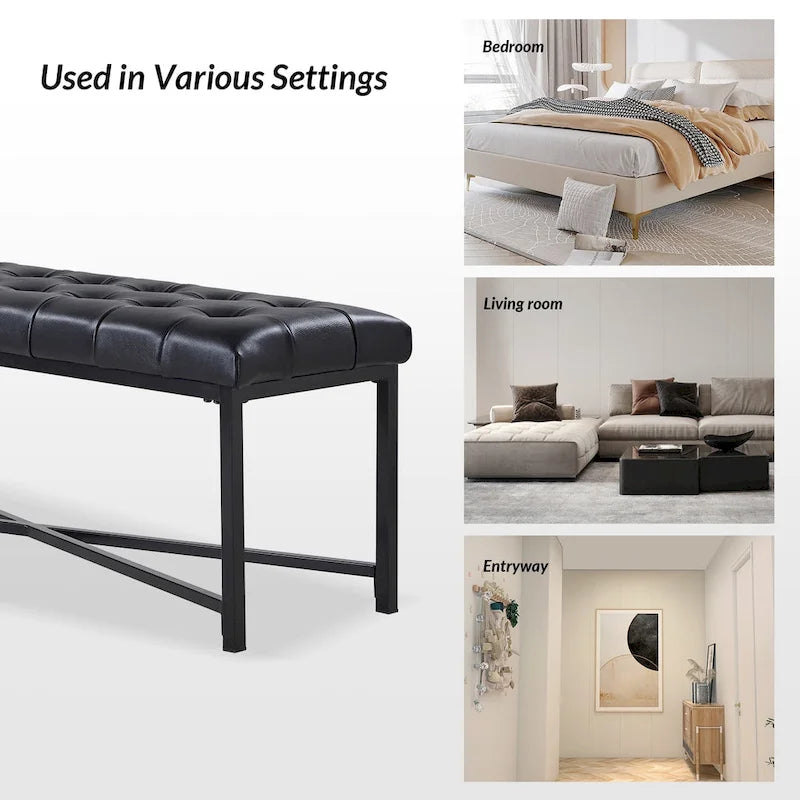 Modern 50.5" Genuine Leather Upholstered Bench with Metal Legs