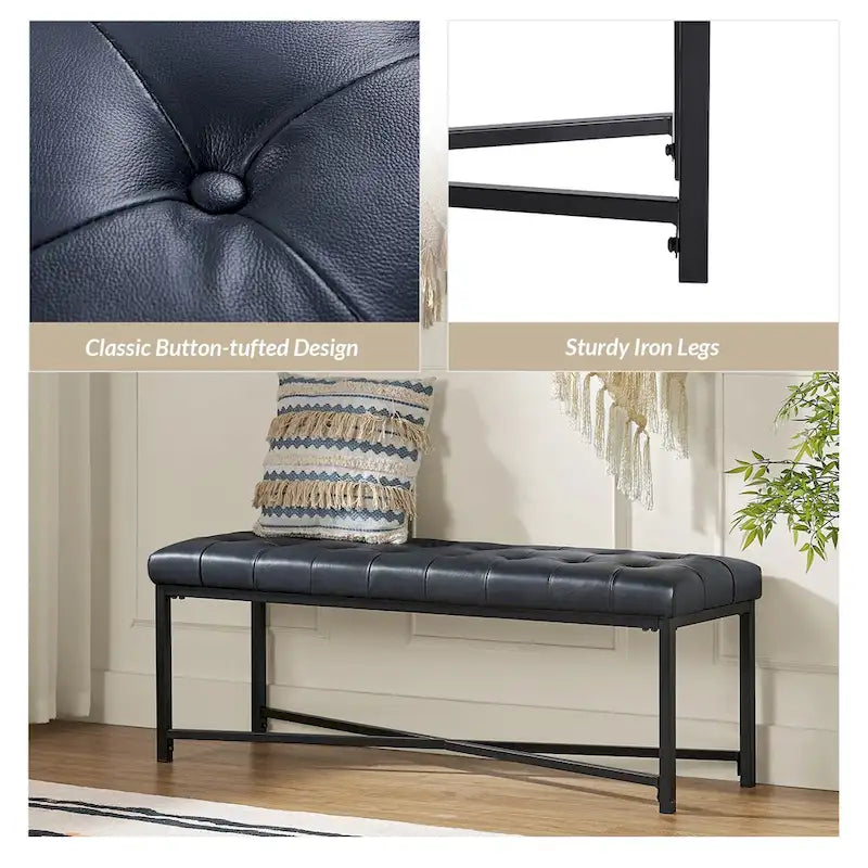 Modern 50.5" Genuine Leather Upholstered Bench with Metal Legs