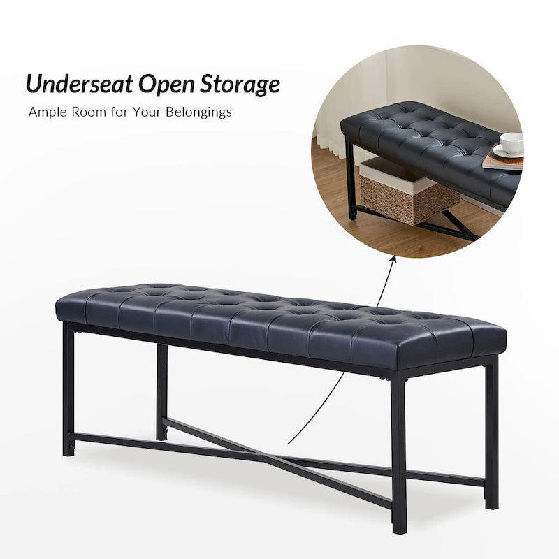 Modern 50.5" Genuine Leather Upholstered Bench with Metal Legs