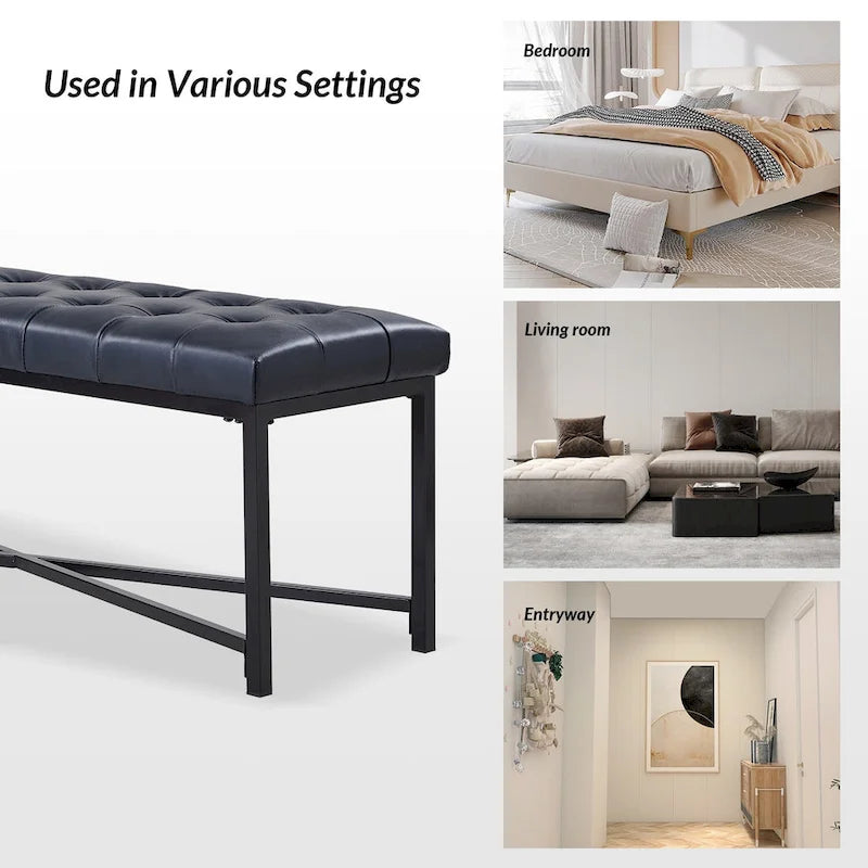 Modern 50.5" Genuine Leather Upholstered Bench with Metal Legs