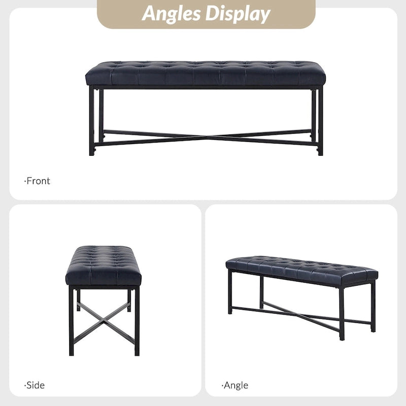 Modern 50.5" Genuine Leather Upholstered Bench with Metal Legs