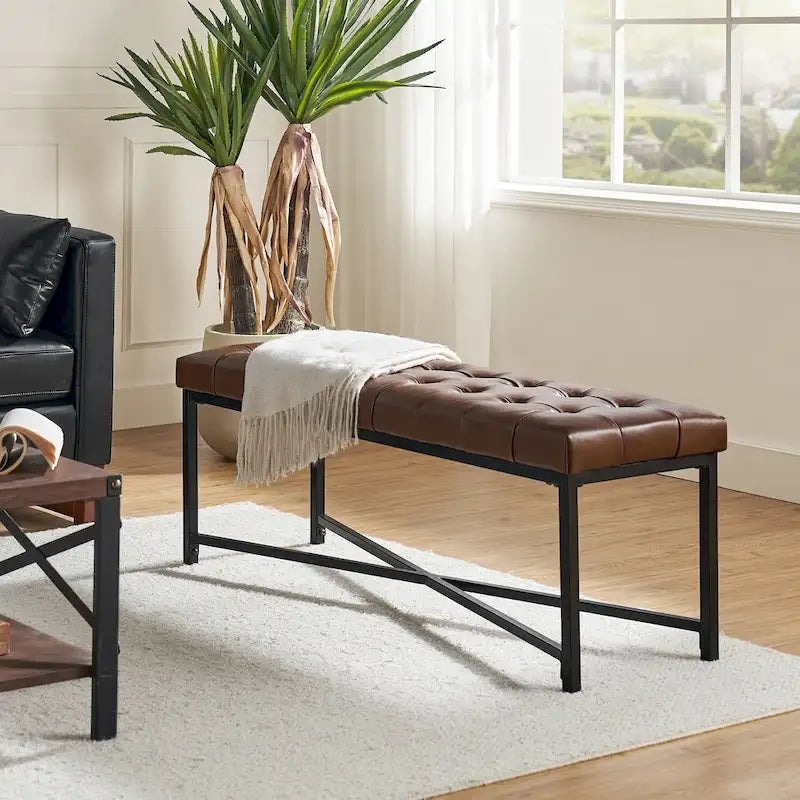 Modern 50.5" Genuine Leather Upholstered Bench with Metal Legs
