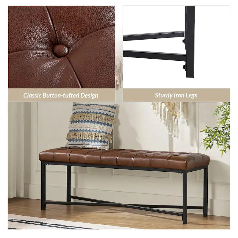 Modern 50.5" Genuine Leather Upholstered Bench with Metal Legs