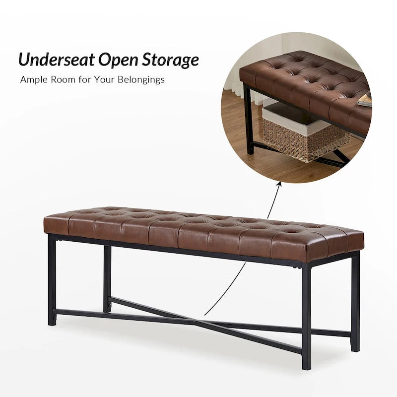 Modern 50.5" Genuine Leather Upholstered Bench with Metal Legs