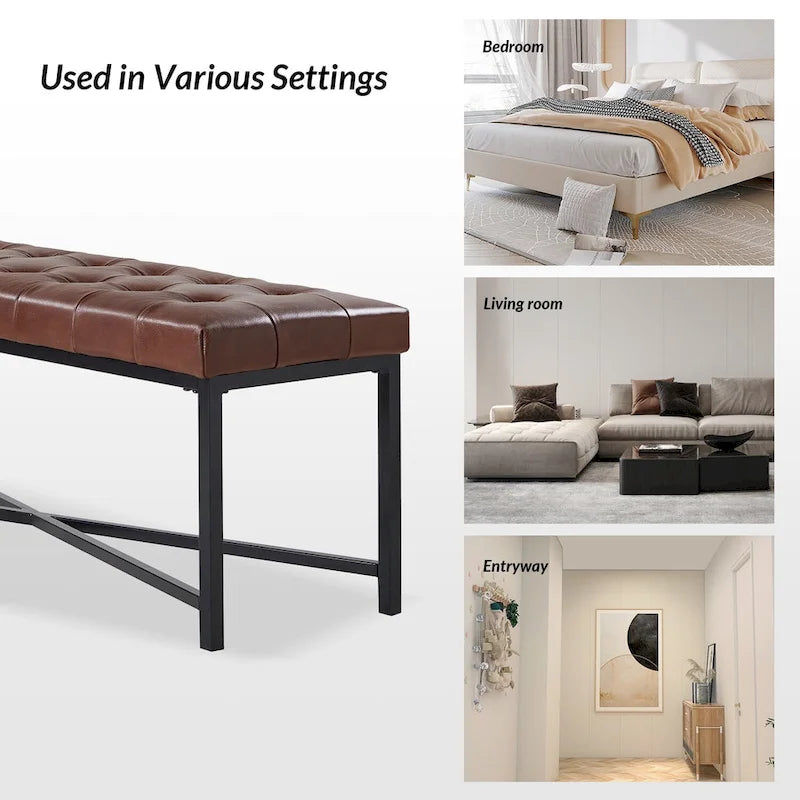 Modern 50.5" Genuine Leather Upholstered Bench with Metal Legs
