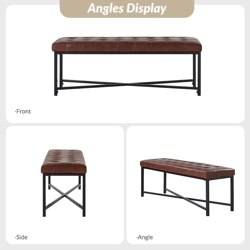 Modern 50.5" Genuine Leather Upholstered Bench with Metal Legs