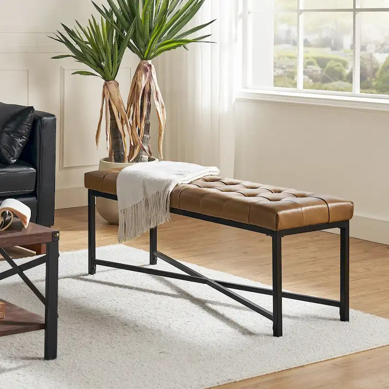 Modern 50.5" Genuine Leather Upholstered Bench with Metal Legs